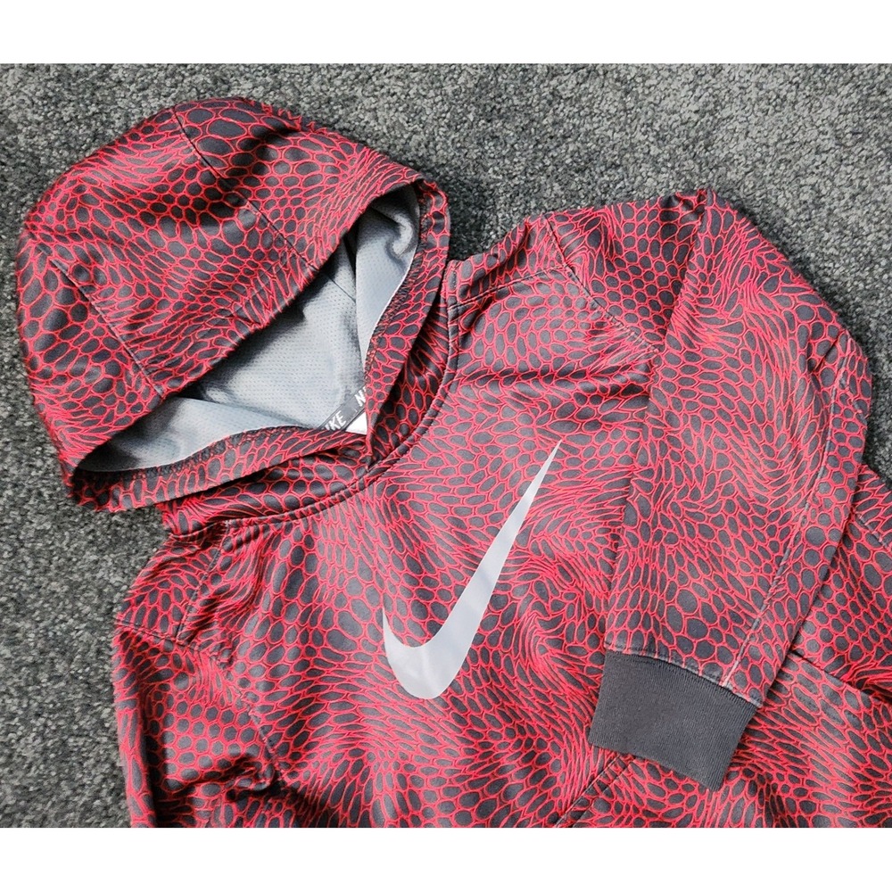 Nike Therma-Fit Kids Hoodie Sweatshirt Red‎ Black Patterned Pullover Small
